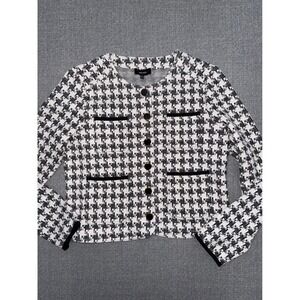 Excellent ME+EM Size 6 Houndstooth Knit Jacket Black White Gold Button Blazer
